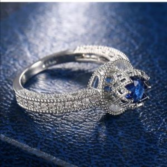 S925 Silver Blue Sapphire Diamond Ring - Picture 3 of 6